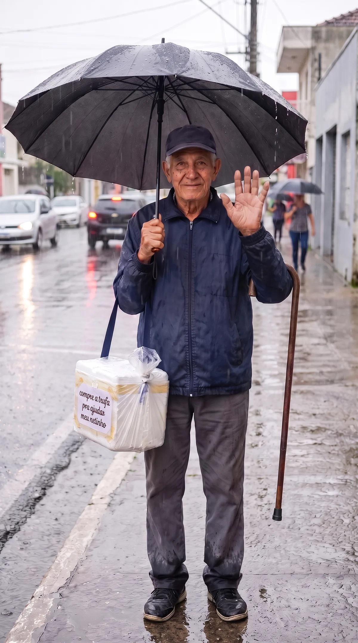 Seu Zé, 72 anos, com a caixinha de trufas que carrega todo dia