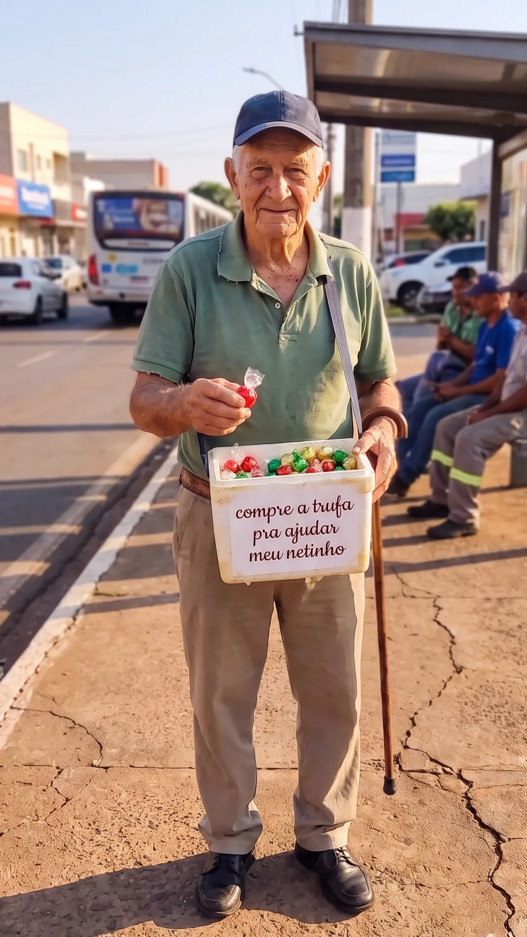 Seu Zé, 72 anos, todo dia na rua com a caixinha de trufas que a filha faz